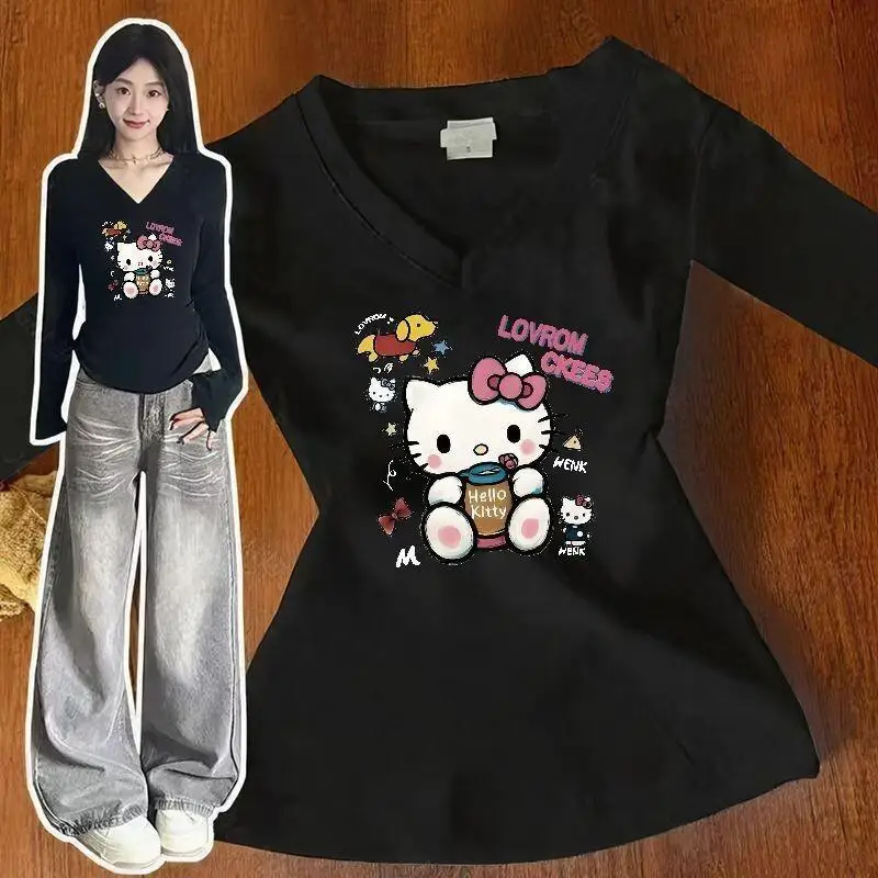 

Sanrio Hello Kitty American Retro Long Sleeve T Shirt Tops Women Spring Fall Instagram Slim Fit Cute Hot Trendy Dopamine Print