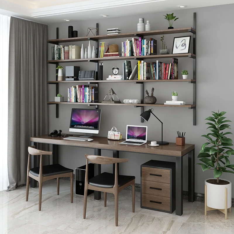 

Nordic solid wood desk home study solid wood computer table and chair combination, modern simple wrought iron studenttable