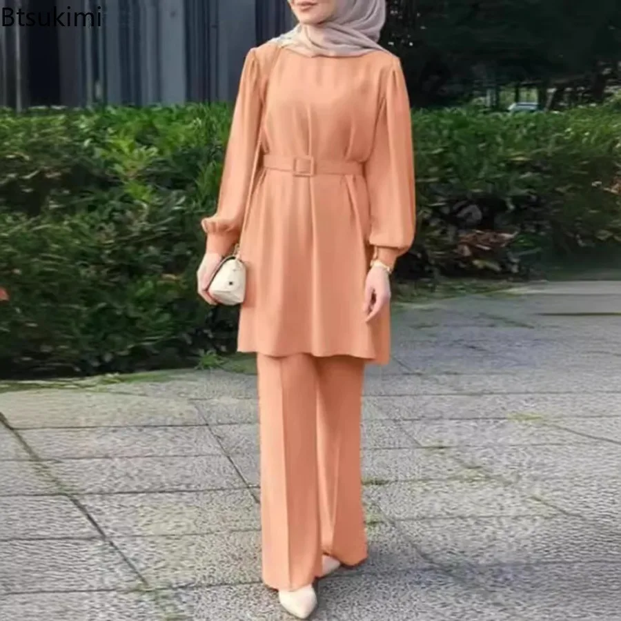 2024 conjuntos muçulmanos elegantes para mulheres blusa de manga longa com calças de cinto terno casual turquia abaya eid mubarek roupa islam