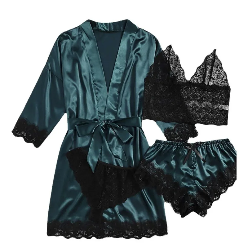 4Pcs/set bathrobe women\'s shower erotic lingerie home wear lace camisole shorts ladies solid colour nightgown pajamas four sets