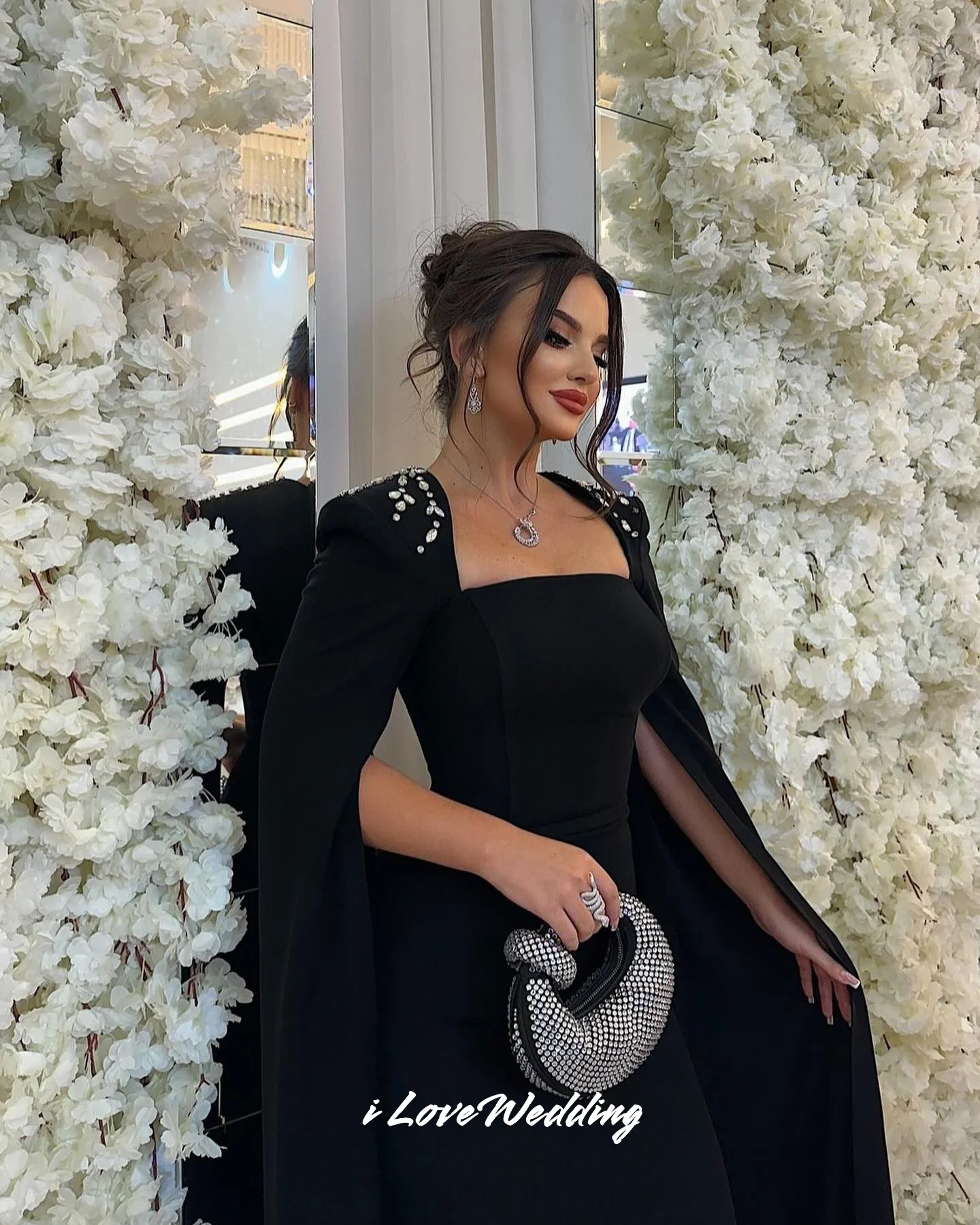 Black Square Neck Evening Dresses 2025 Cap Sleeves Mermaid Crystal Pleated Floor-Length Dresses for Special Occasions Customized image 5