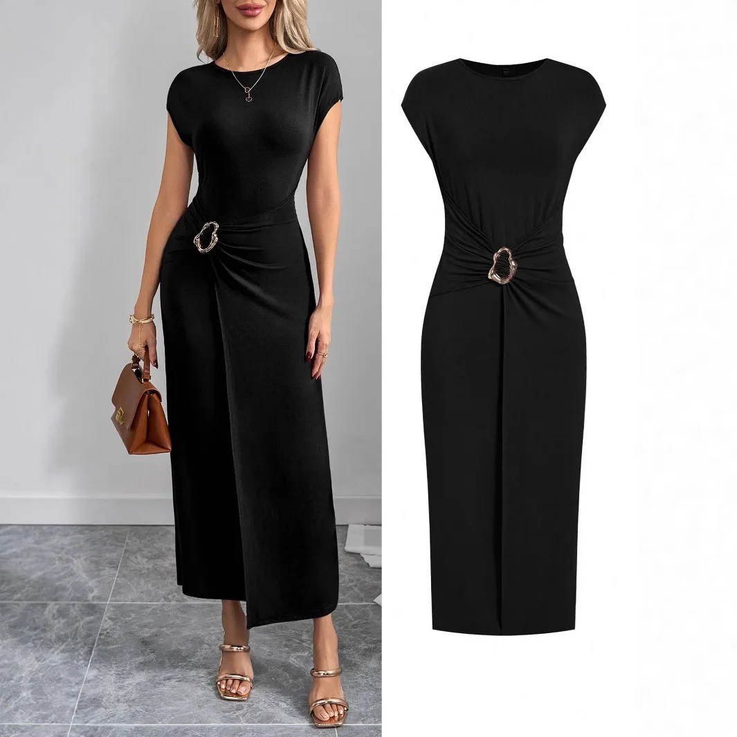 

2025 Dress Women Elegant Long Dresses Summer New Round Neck Solid Color Long Slim Slim Temperament Commuter Vacation Dresses