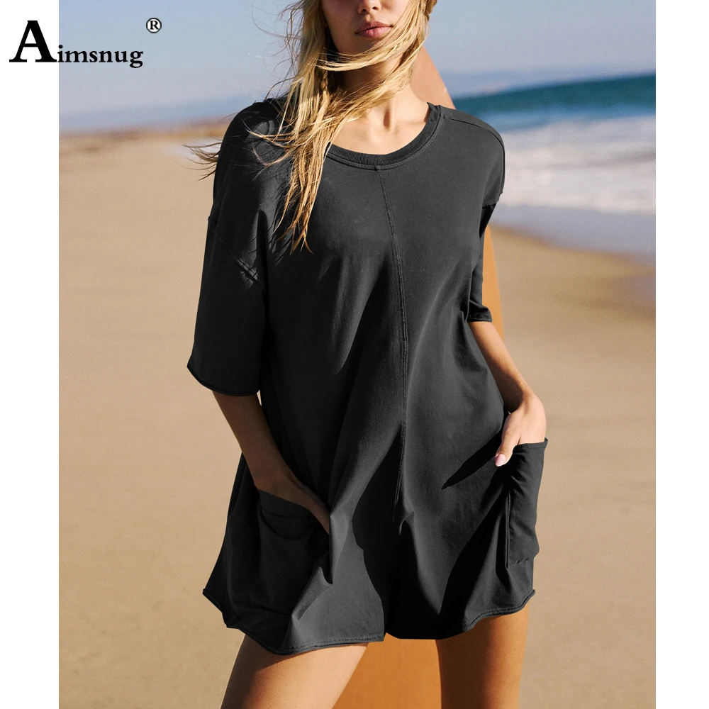 Aimsnug Women Fashion Leisure Short Dress Mini Vestidos 2023 New Summer Casual Beach Dresses Ladies Vintage Stand Pockets Dress