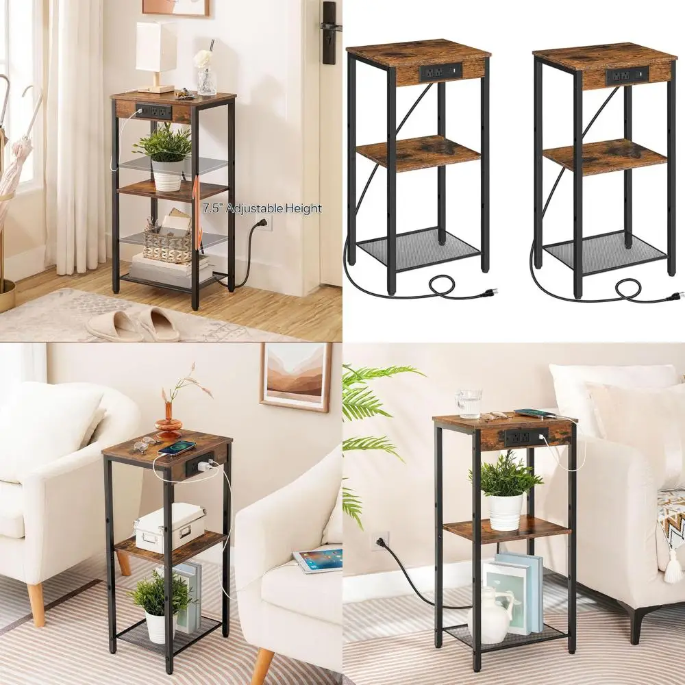 

Tall End Tables with Charging Station, Set of 2, 30 Inch Tall Nightstands, 3-Tier Side Tables with Adjustable Storage Shelves, f