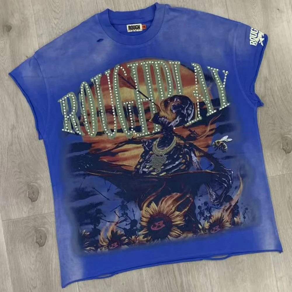 

Стираные синие футболки без рукавов RoughPlay War Ready с отрезанными рукавами Wen Женская футболка высокого качества 2025ss Rough Play Top Tees