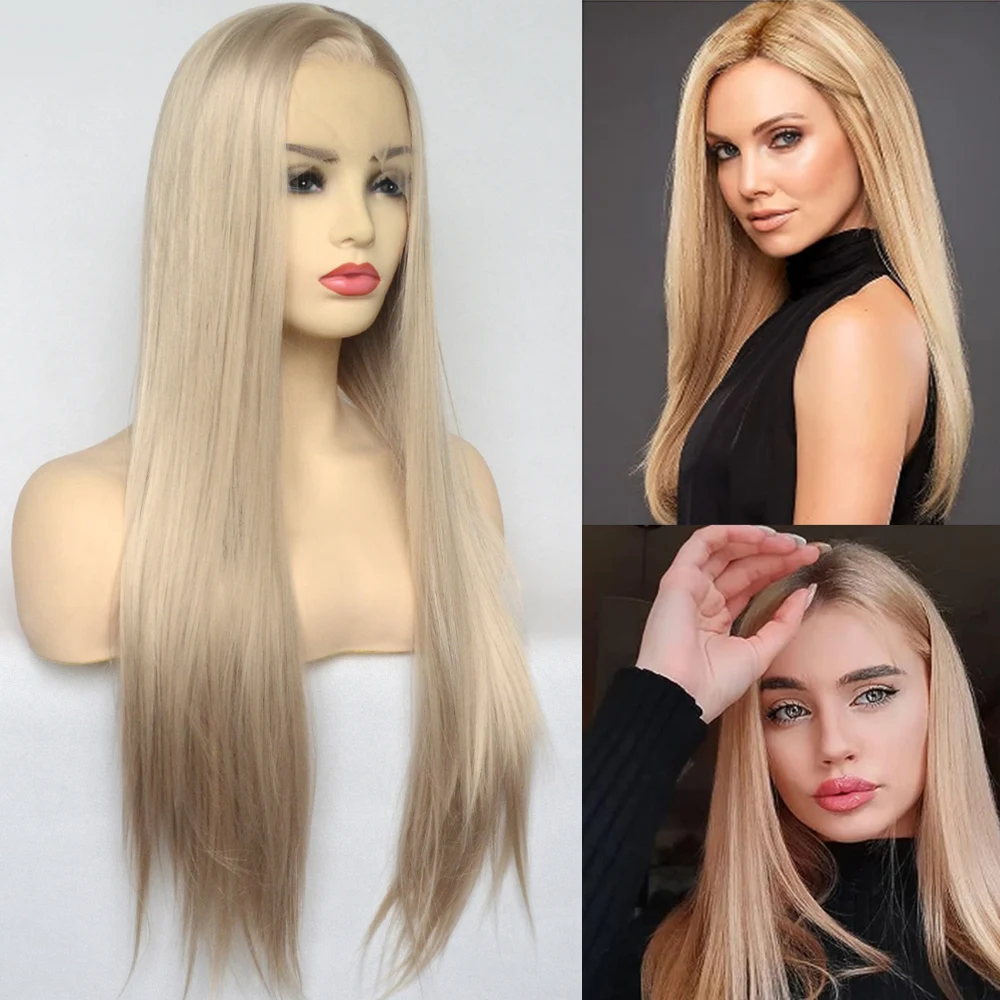 Voguequeen Natural Blonde Synthetic Lace Front Wig Pre Plucked Heat Resistant Fiber Gold Blonde Color For Women