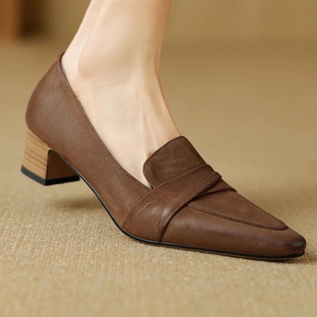 

Plus size 34-42 women's genuine leather pointed toe slip-on pumps 4cm elegant heel ladies OL style daily dress soft shoes woman