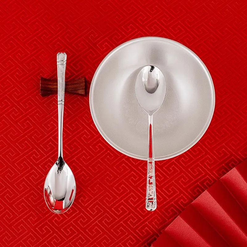 

Ложка из чистого серебра 99,9%, пять благословений, благоприятная ложка, бытовая серебряная посуда, съедобная серебряная ложка для риса, ложка для супа