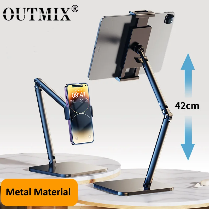 Stojak na tablet do komputera stacjonarnego, regulowany do wysokości 42 cm, stojak na iPada obracany o 360 stopni. °   Obrotowy metalowy uchwyt na tablet i smartfon o przekątnej 4,7-13 cali