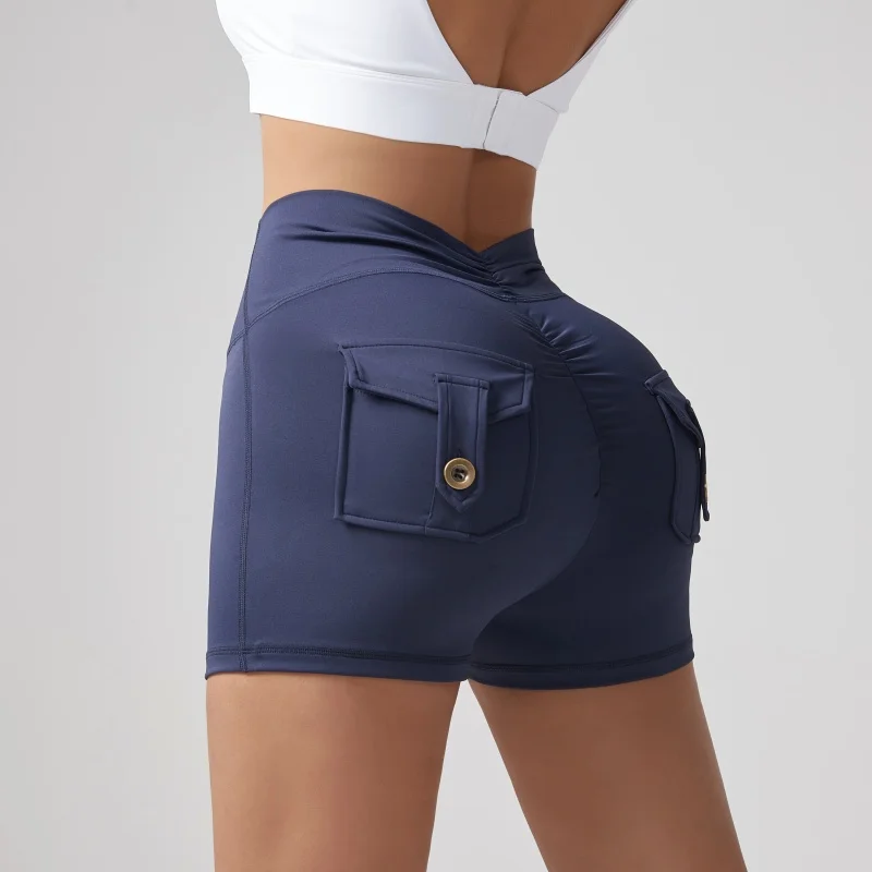 

Женские шорты для йоги с высокой талией и подтяжкой ягодиц, спортивная одежда с эластичной резинкой на талии и пуговицами для занятий спортом, фитнесом, бегом, шорты-карго с задними карманами