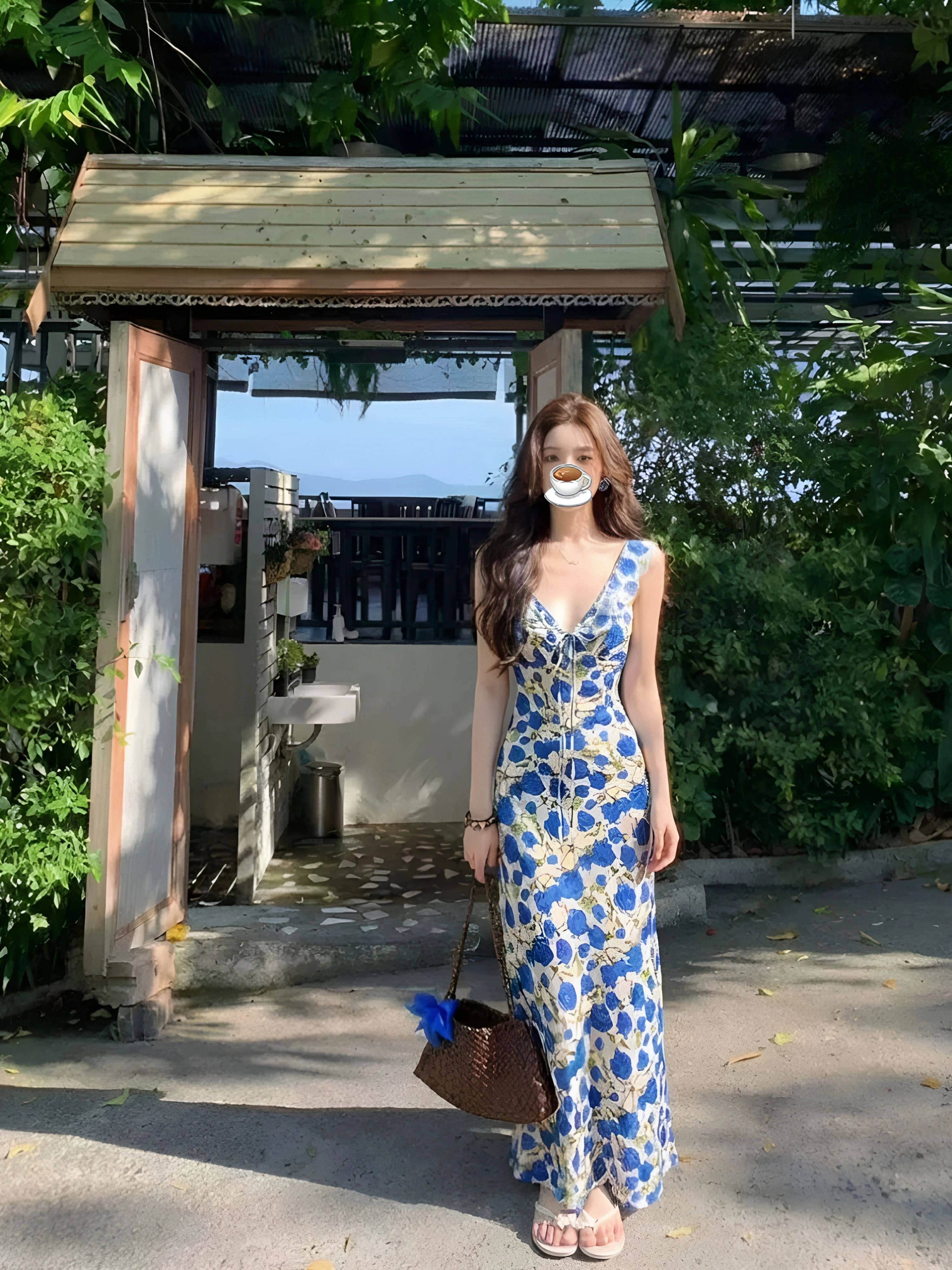 Klein Blue Floral Print Halter Dress Summer Vacation Style V-Neck Long Waist-Cinched Beach-Ready Women's Dress Casual Wear view 2