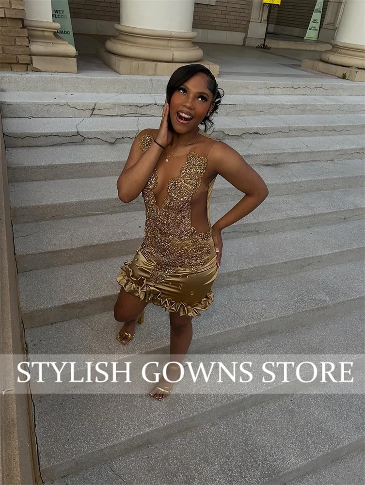 흑인 소녀를 위한 금색 짧은 프롬 드레스, 비즈 크리스탈 장식, 2025년 생일, 고급 드레스, 러플, 정장 가운, 미니 홈커밍 드레스, 맞춤 제작