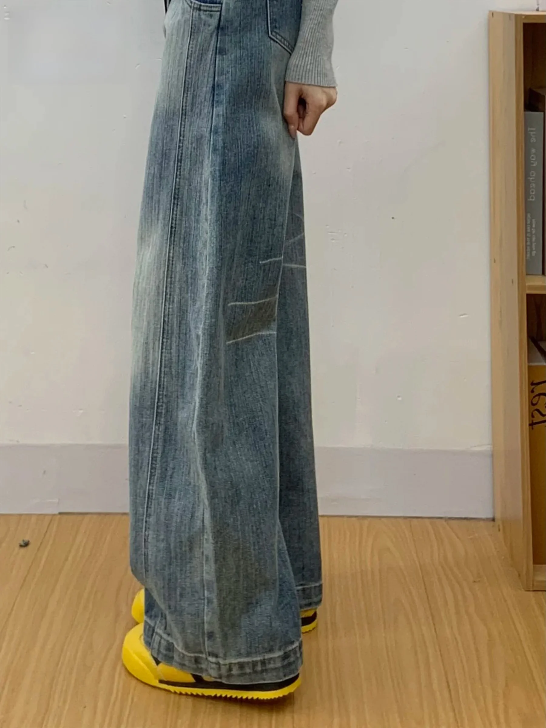 

Синие джинсы в американском стиле с высокой талией и широкими штанинами, женские свободные облегающие длинные брюки, повседневная одежда для зимнего сезона