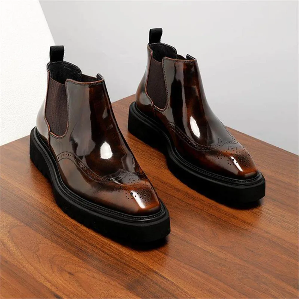 

Premium Genuine Leather Men Brogue Boots High Quality Glossy Upper Wingtip Carved Square Toe Ankle British Style Dress Boots