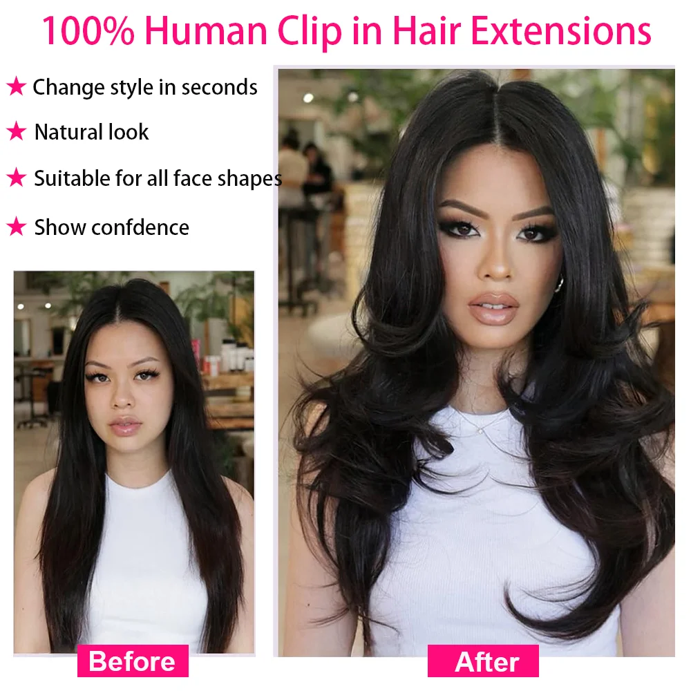 Clip in Hair Extensions Straight Per Set with 18 Clips 120G Double Weft Virgin 100% Human Hair Natural Black Color For Women