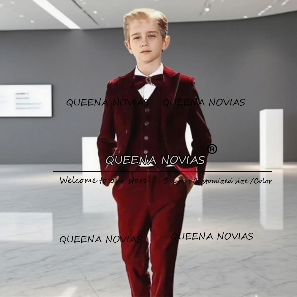

Boys' Attire Wedding Tuxedos Burgundy Velvet Children Suits 3 Pieces Sets Single Breasted Prom Blazers Customized Kids Clothing