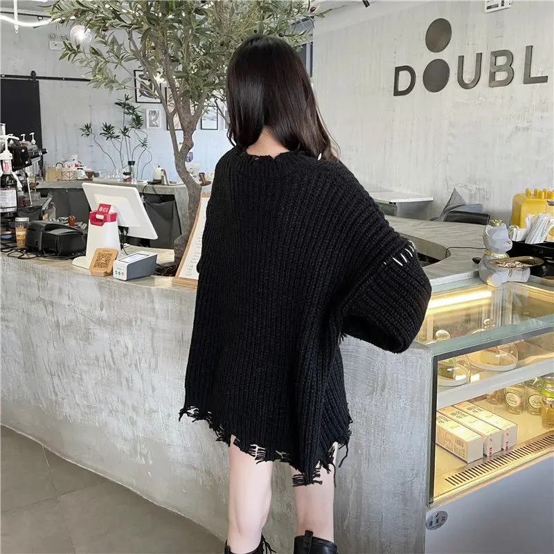 Deeptown Black Ripped Sweater Women Vintage Knitted Jumper Korean Fashion Knitwear Goth Streetwear Oversize Aesthetic Streetwear