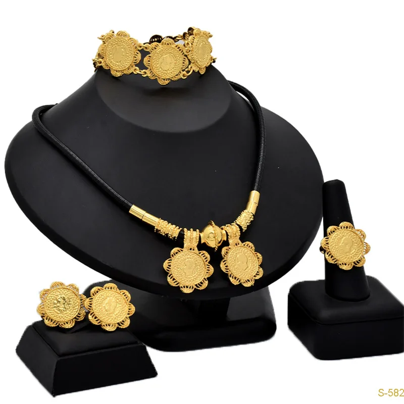 New Middle East Dubai Alloy Jewelry Set Four Piece Black Rope Long Necklace Pendant Coin African Bride Wedding Jewelry DD10282