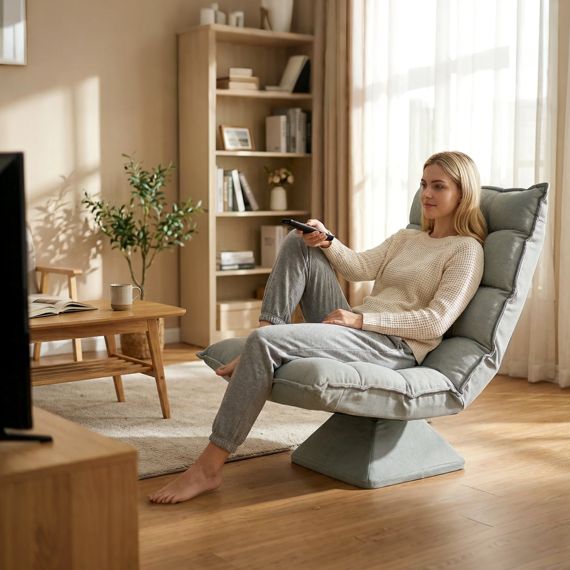 HOMCOM Bodenstuhl 360° drehbar Bodensessel mit Verstellbarer Rückenlehne Relaxsessel aus Mikrofasergewebe Meditationsstuhl Lazy Sofa für Fernsehen, Gaming, Lesen BlauHellgrauBeige