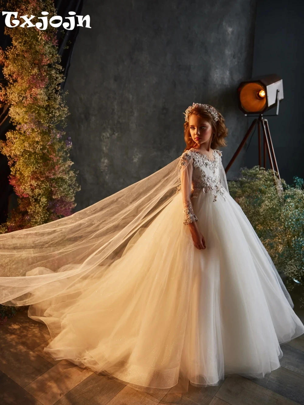 

Роскошные блестящие кружевные аппликации из бисера, вечерние платья для девочек, новое элегантное платье принцессы с длинными рукавами для фотографии в наличии