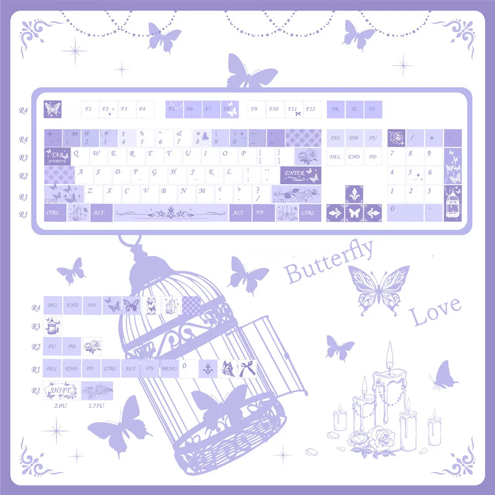 

Customized Butterfly Love Theme Keycaps Cherry Profile Set 129 KeysDye Sub Clear Pattern PBT for Mx Switch Mechanical Keyboard