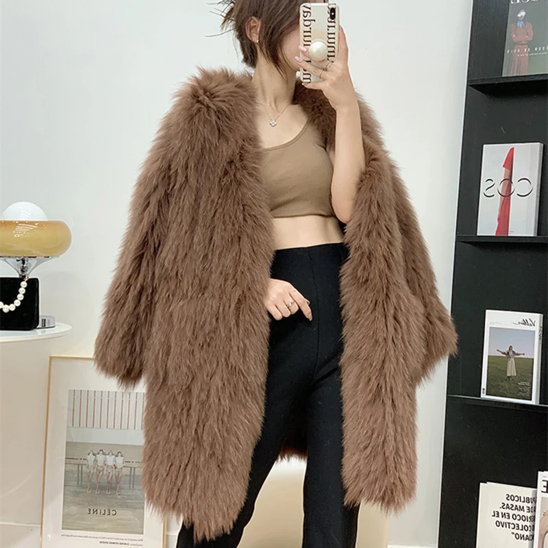 Winter Women's Cold Jackets Double-Sided Knitted Natural Fox Fur Coat Medium to Long V-Neck Loose Blue/Green/Pink Casaco Pelo