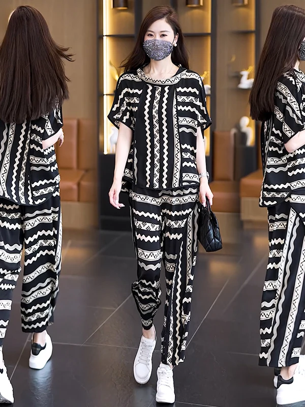 Fashionable plus Size Women's Outfit Summer New Style Loose Slimming Meat Covering Two-Piece Set Casual Loose Fit round Neck ...