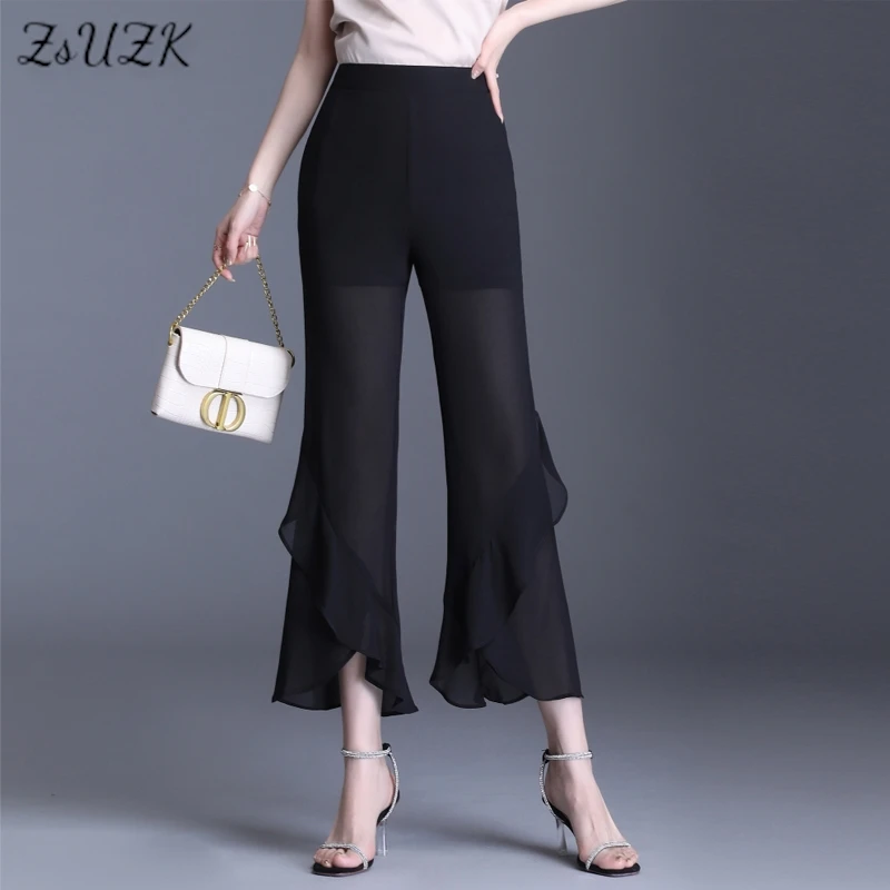 ZUZK Summer Ruffle  Flare Chiffion Pants Elastic Waist  Patchwork Solid Sexy Korea Style Fashion Lady Flare Pants