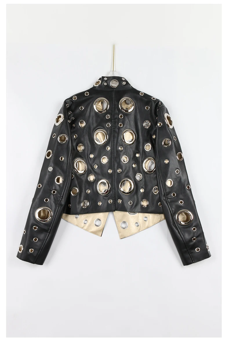 Nerazzurri Spring Autumn Short Hollow Out Pu Leather Jacket Women Rivet Cool Stylish Luxury Designer Clothes Runway Fashion 2024