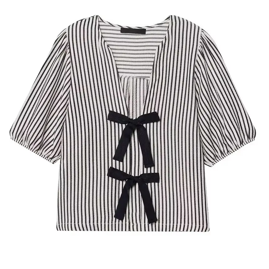 

KONDALA Chic Striped Casual Woman T-shirts Streetwear V-Neck Fashion 2025 Summer Bows Female Short Sleeve Straight Elegant Tops