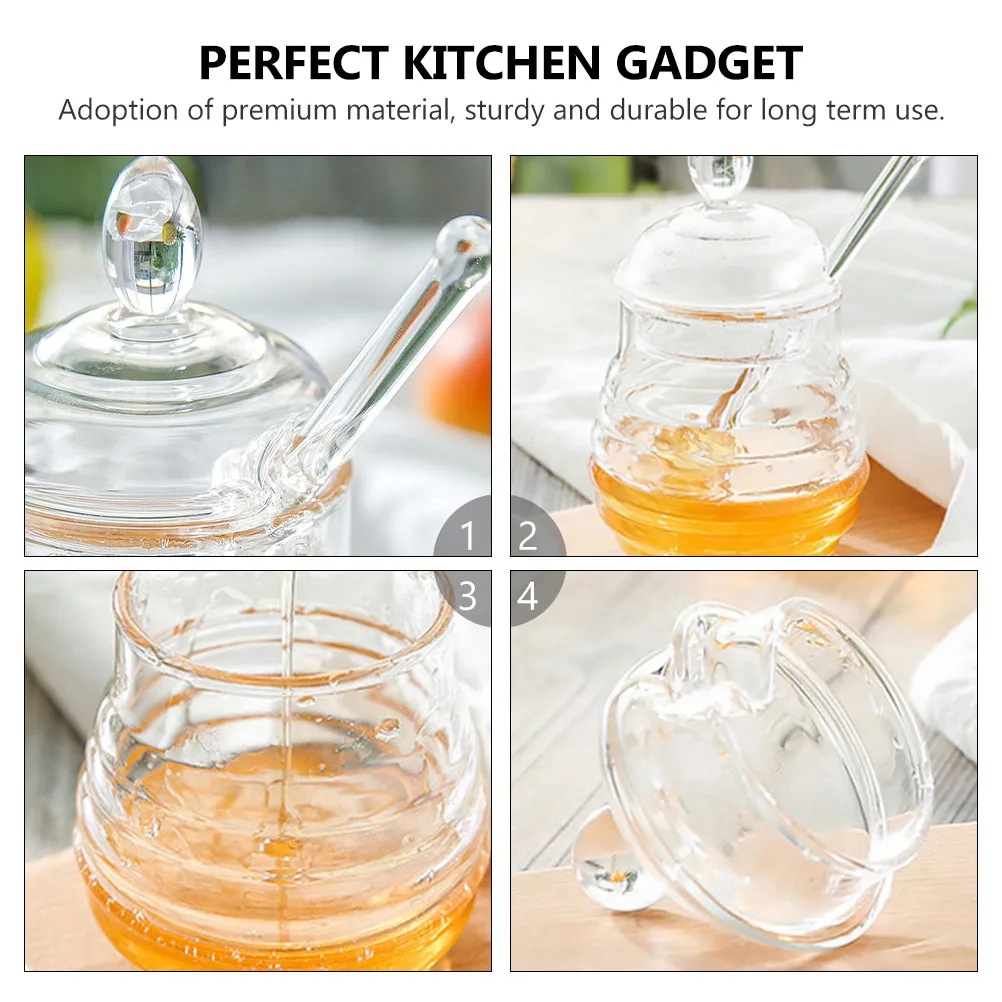 

1 set Jar with Plastic Pot Dispenser Lid Transparent Design Honey With Dipper Container Syrup Kitchen Storage