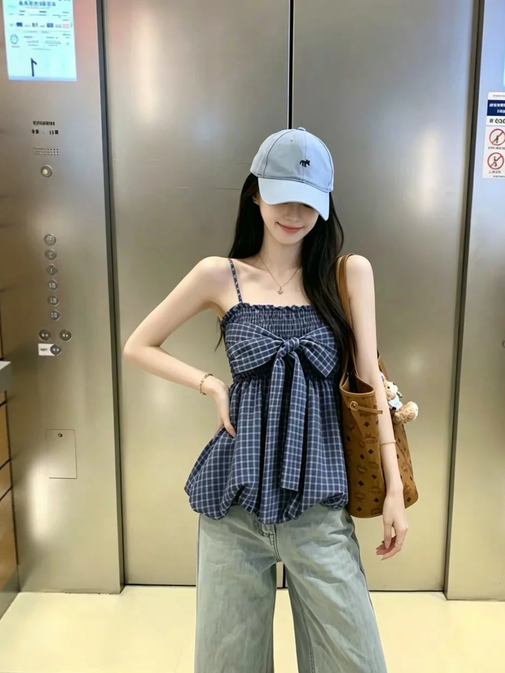 Blue Plaid  Knot Flower Bud Strap Vest Women's Summer Outerwear Design Slimming Sleeveless  Top