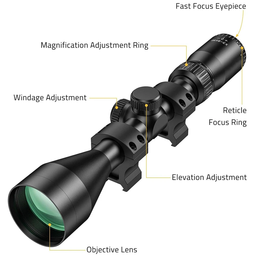 3-9x50 Rifle Scope Mil-dot Reticle Optics Hunting Riflescope with 11/20mm Scope Mounts Second Focal Plane Hunting Optics