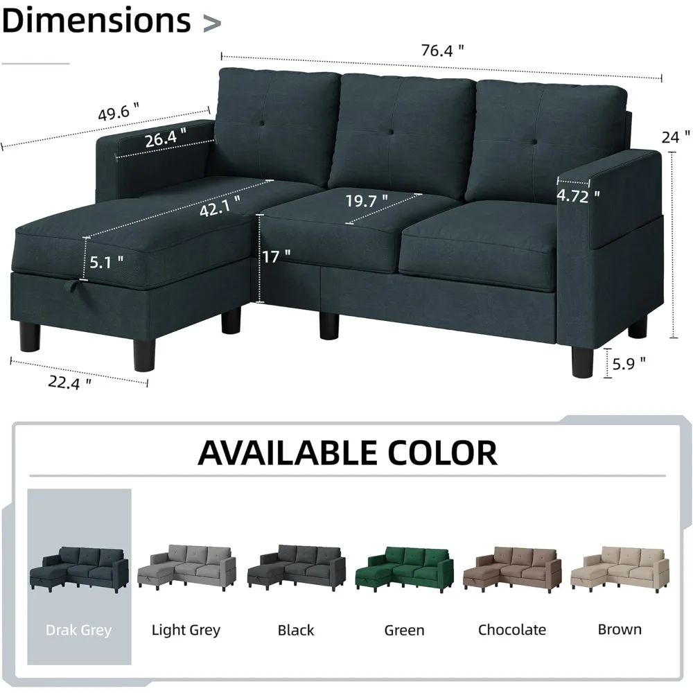 Convertible Sectional Sofa Couch, Modern Linen Fabric L-Shaped ,Sofa Sectional with Reversible Chaise