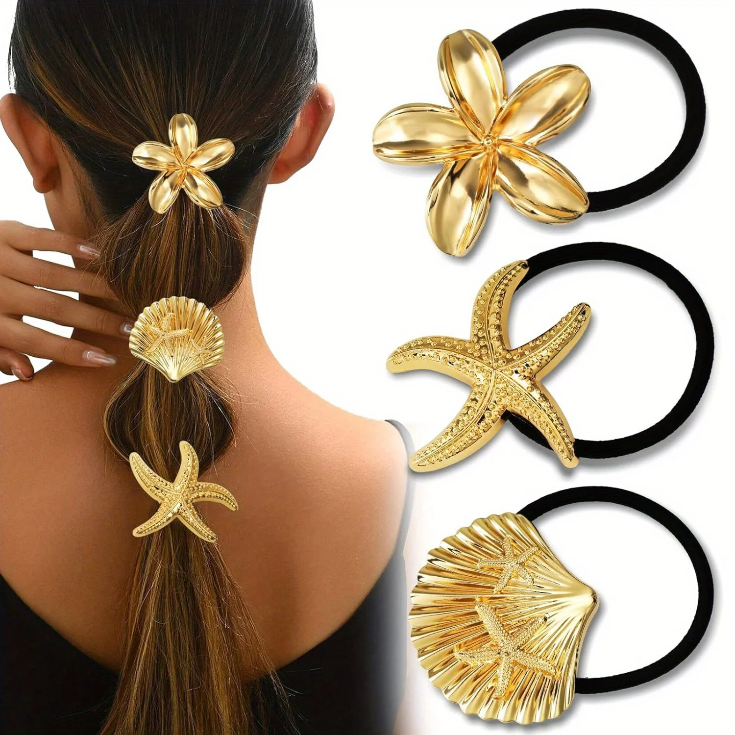 Attaches de cheveux dorées 3 pièces, attaches de cheveux en métal, conception géométrique durable, accessoires pour cheveux dorés, porte-queue de cheval extensibles et sans dommages