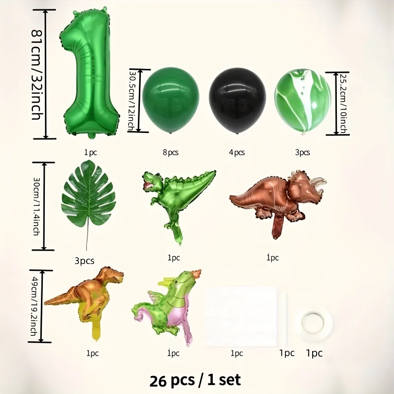 26 szt. Balon w kształcie dinozaura zielony cyfrowy motyw urodzinowy balony na brzuszkowe dekoracja na imprezę z dinozaurami w dżungli