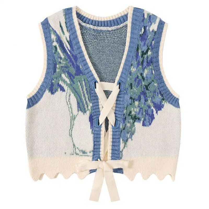 Spring Autumn Womens Retro V-neck Sunflower Printed Knitted Vest Sleeveless Tie Up Waistcoat