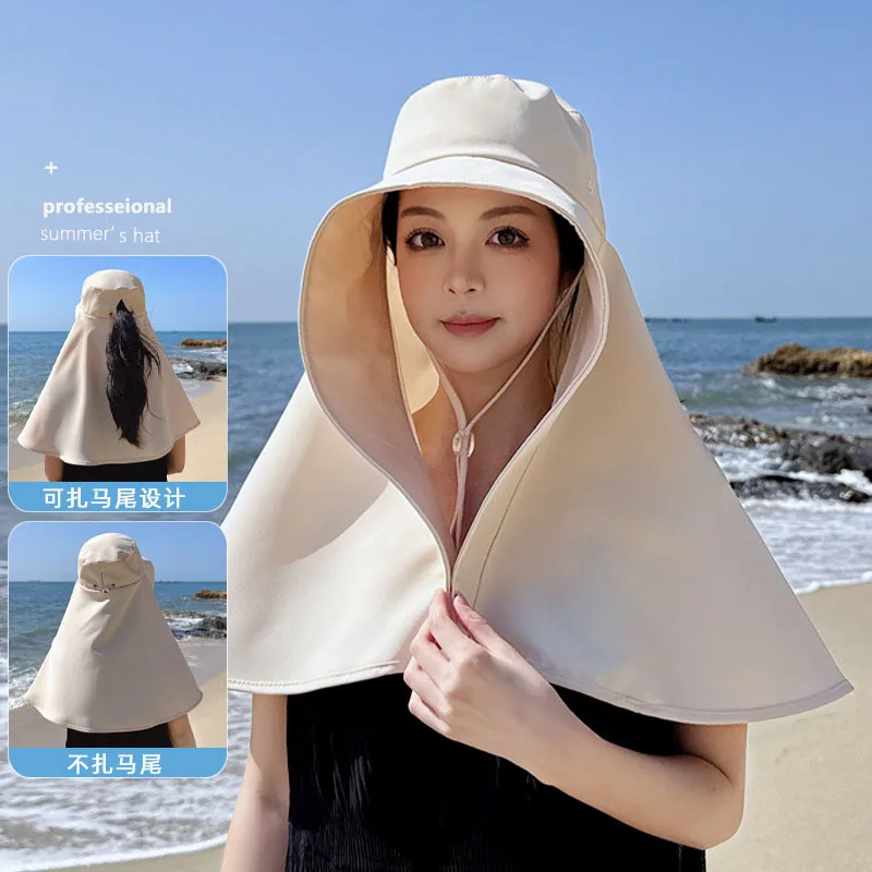 New Summer for Women Cycling Hiking Mountain Sun Protection Hat Ponytail Hole Shawl Bucket Hat Female Travel Big Brim Bucket Hat