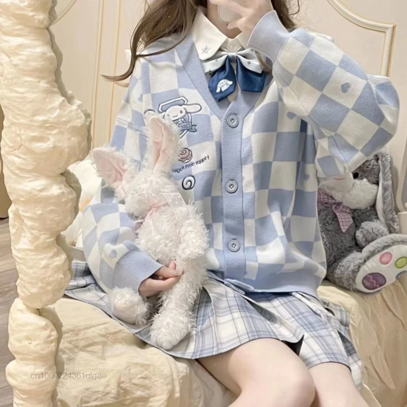 Sanrio Clothes Cartoon Cinnamoroll Cardigan Women Japanese Streetwear Plaid Sweater Y2k College Style Sweaters Aesthetic Shirts