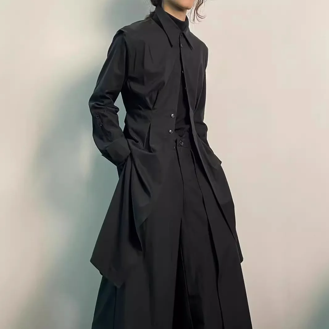 Y2K Gothic Trench Coat Men Dark Academia Streetwear Long Shirt Dress Asymmetric Hem Belted Punk Style Outerwear