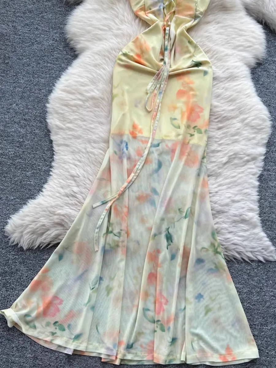 Foamlina elegante encaje Patchwork Floral malla Maxi vestido 2025 novedad de verano puro deseo chica caliente francés dulce encaje Sling vestidos