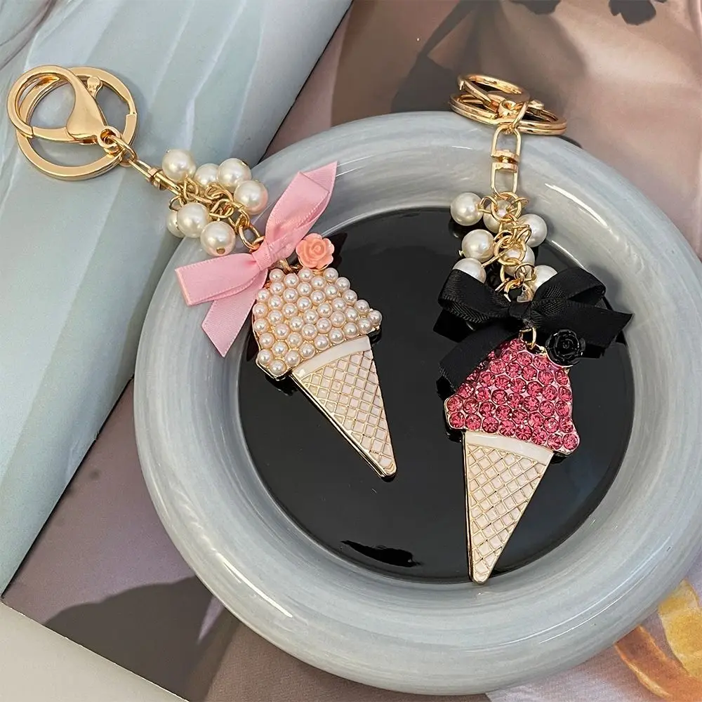 Creative Pearl String Ice-cream Car Keychain Exquisite Korean Version Car Metal Key Ring Fashionable Simple Bag Pendant Gifts