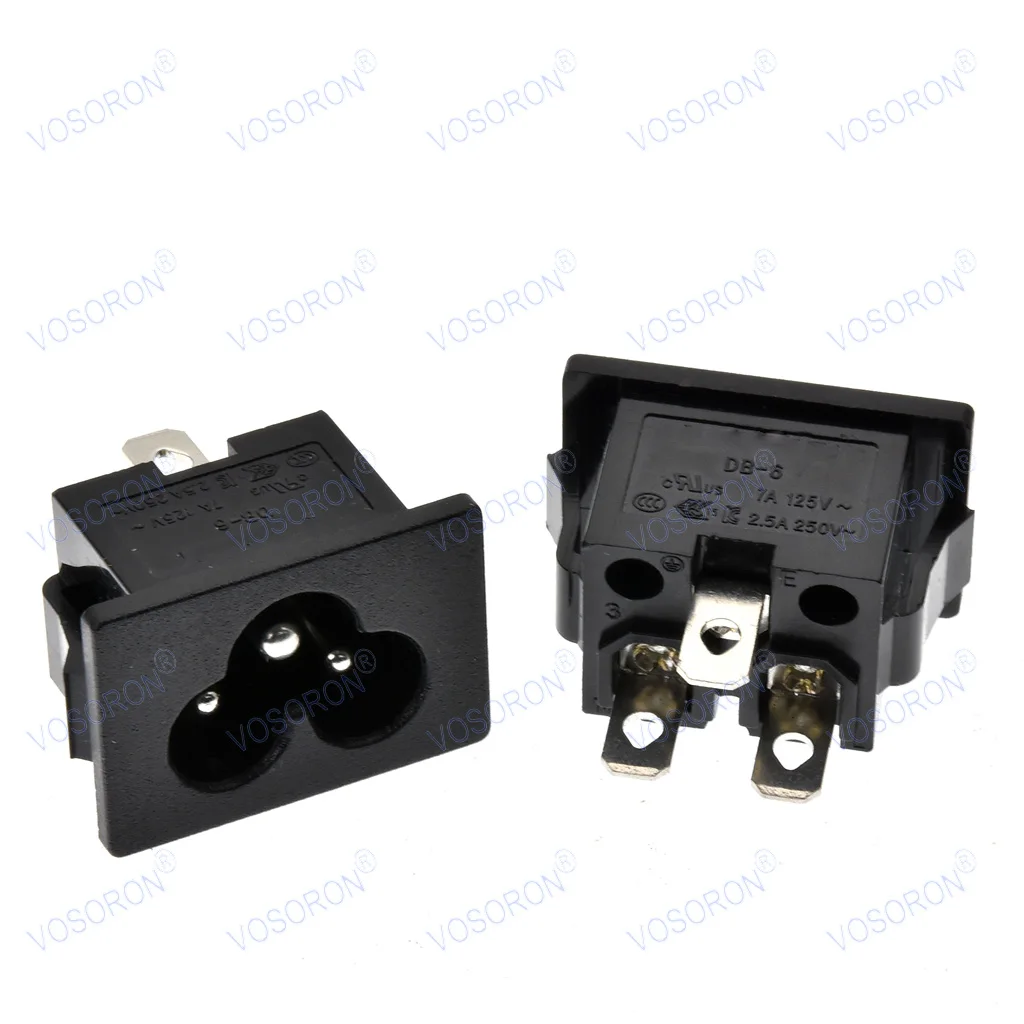 5pcs IEC C6 AC Power Inlet Socket Connector, 3-Pin 250V 2.5A, Embedded Mount with Welding Terminals (Black)