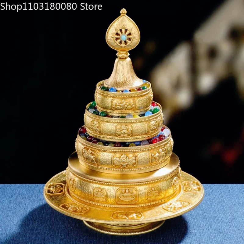 26cm Copper gilding Carve Eight auspicious 37 heaps Tytsa Mandala tray Tibet Buddhism Faqi Manza