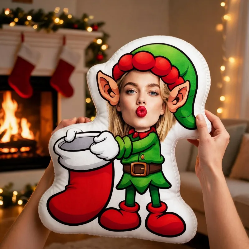 Custom Personalized Photo Face Pillow, Funny Elf Costume And Red Lips Custom Shaped Decorative Cushion, Unique Home Decor Accent