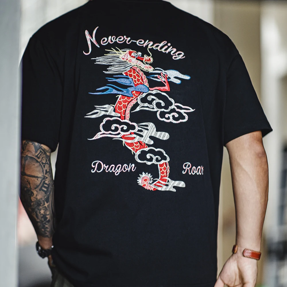 

Maden Summer Dragon Embroidery T-shirts for Men Cotton Short-sleeved Black Tee for Men's Crew Neck Tops