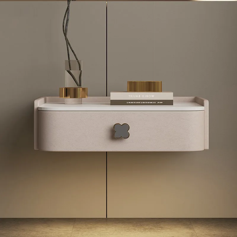 

Italian light luxury rock slab bedside table 2022 new creative suspension minimalist bedroom with led lamp solid wood bedside