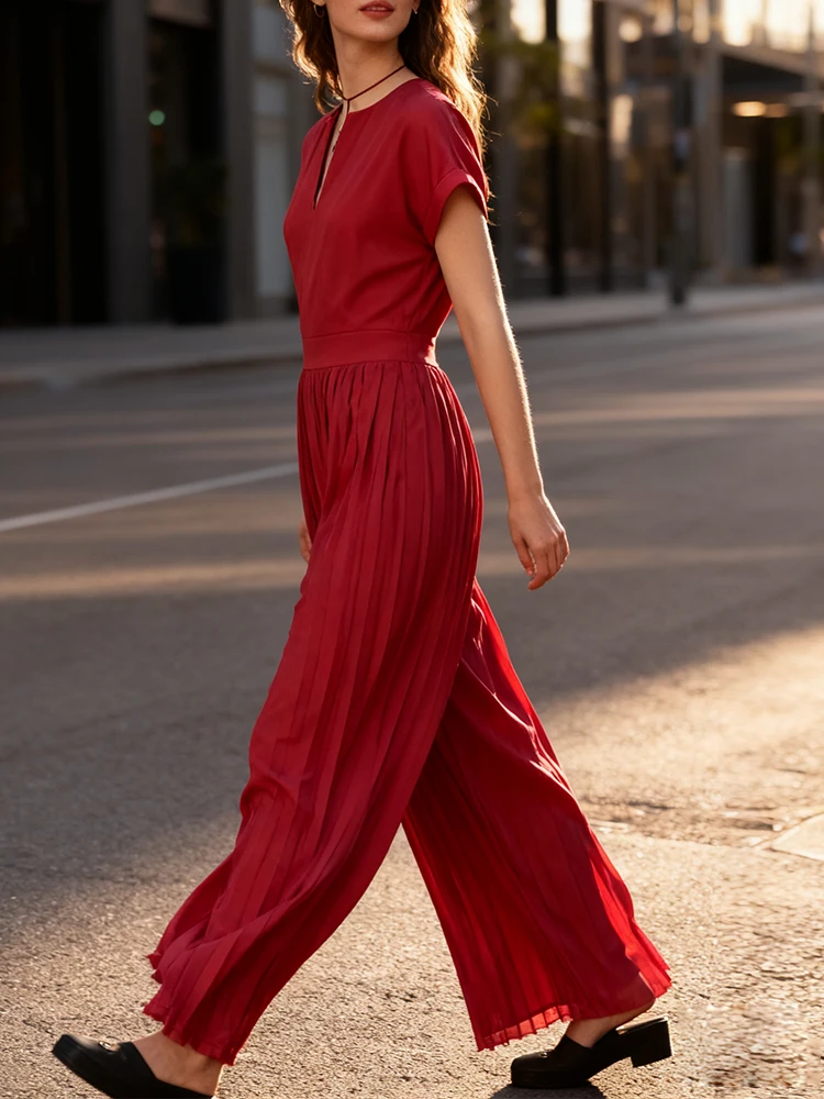 

Summer Women Red Jumpsuit Short Sleeve V Neck Loose Fit Pleated Wide Leg Casual Romper with Belt Elegant Street Vacation Outfit