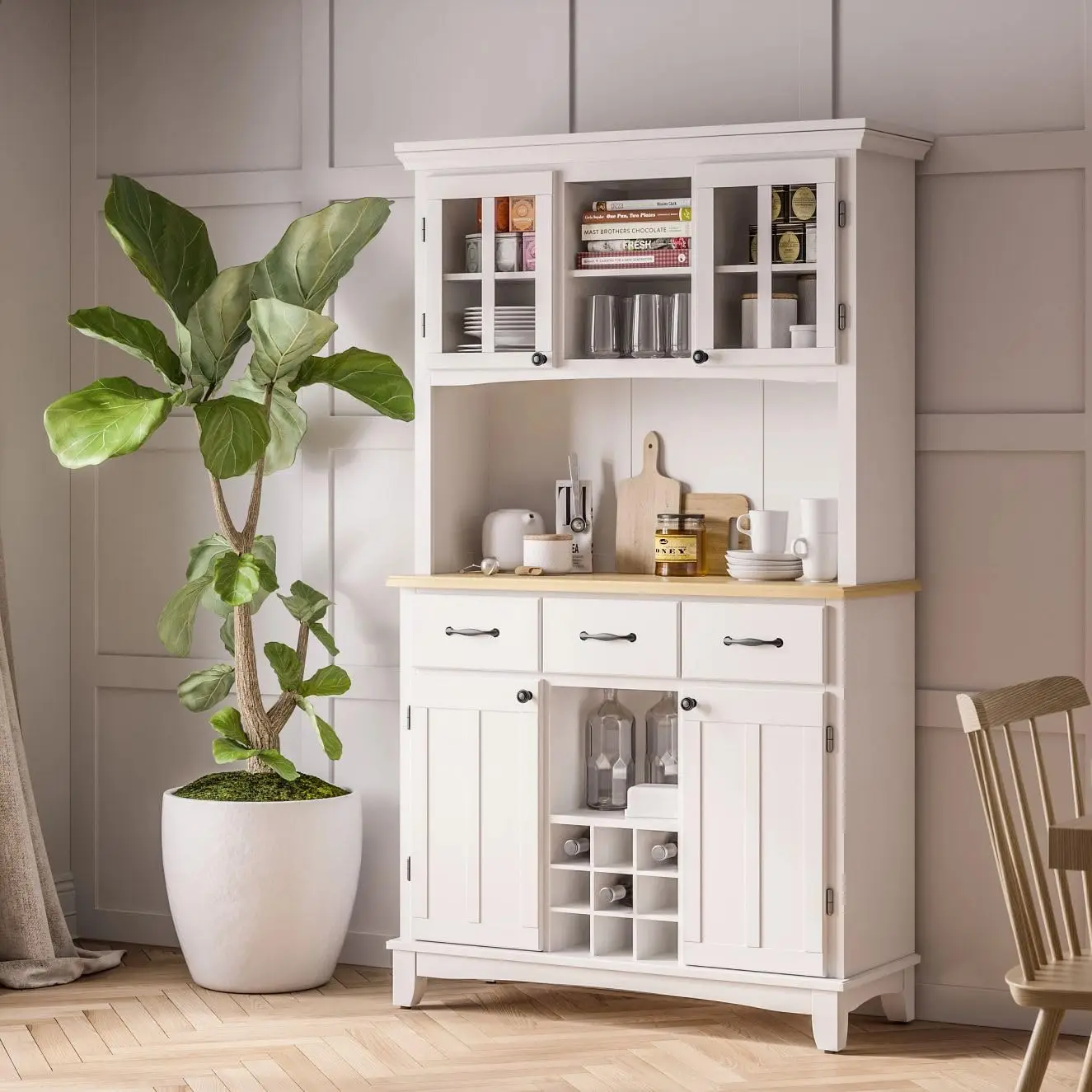 

Buffet of Buffets Off-White Server with Hutch and Natural Wood Top