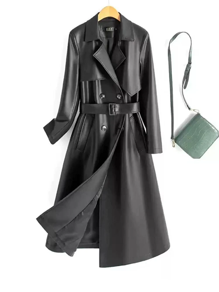   Ning レディース レザー ジャケット 2025 新作 春 ブラック シープスキン ロングコート スリム 本革コート ビジネス 通勤 スタイル